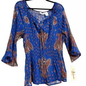 90s Heirloom Crinkle Blouse Size XL Blue Pleated Paisley Semi-Sheer